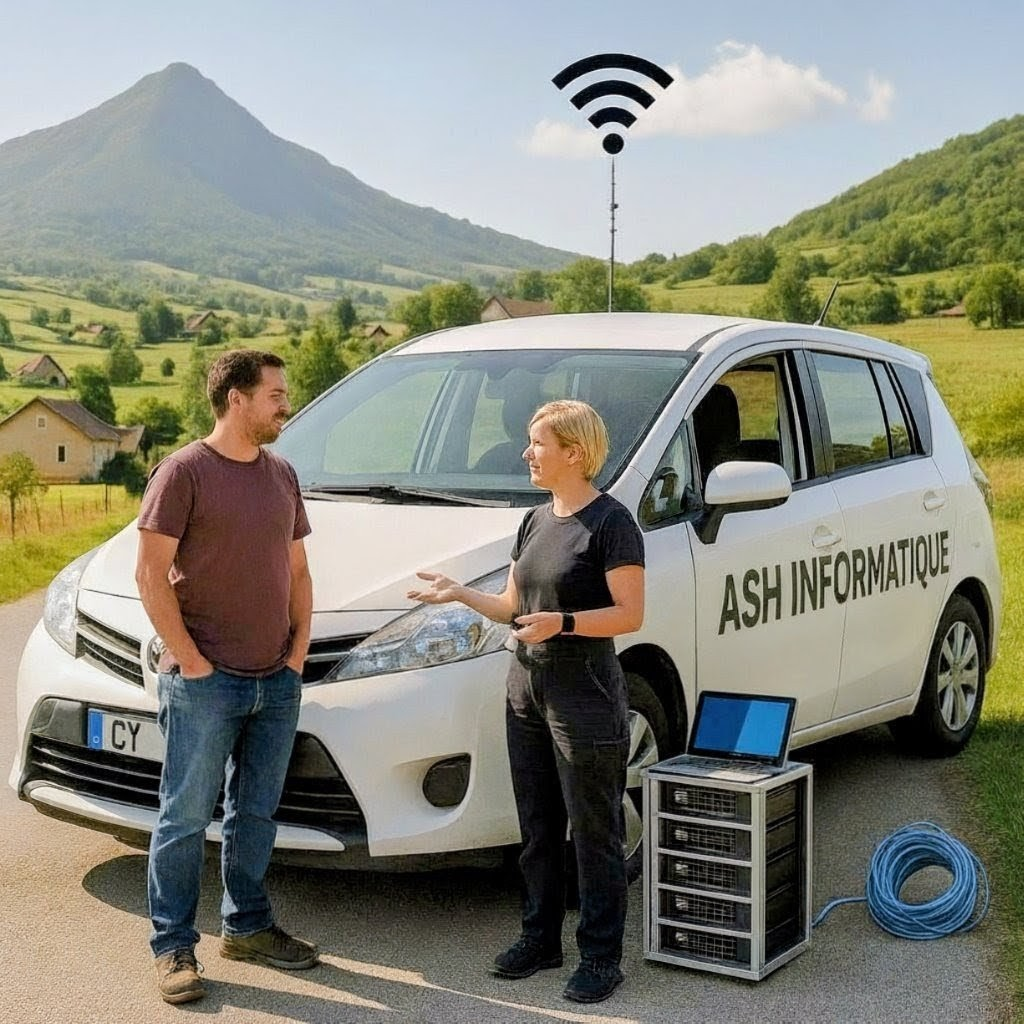 Intervention à domicile informatique Haute-Loire - Véhicule professionnel Ash Informatique équipé en zone rurale