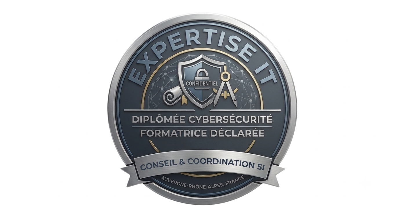 Badge pro Expertise IT, formatrice déclarée NDA et diplômée cybersécurité